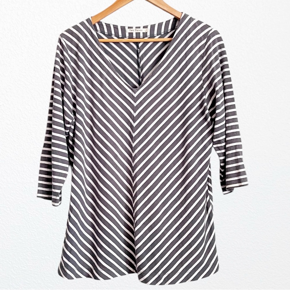 Hemp Cotton Striped Longline Lagenlook Tunic Gray + White Two Danes SZ L